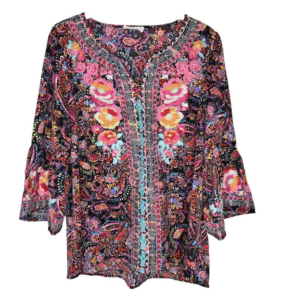 Good Juju Boho Paisley Floral Embroidered Bell Sleeve Tunic Top Womens L‎